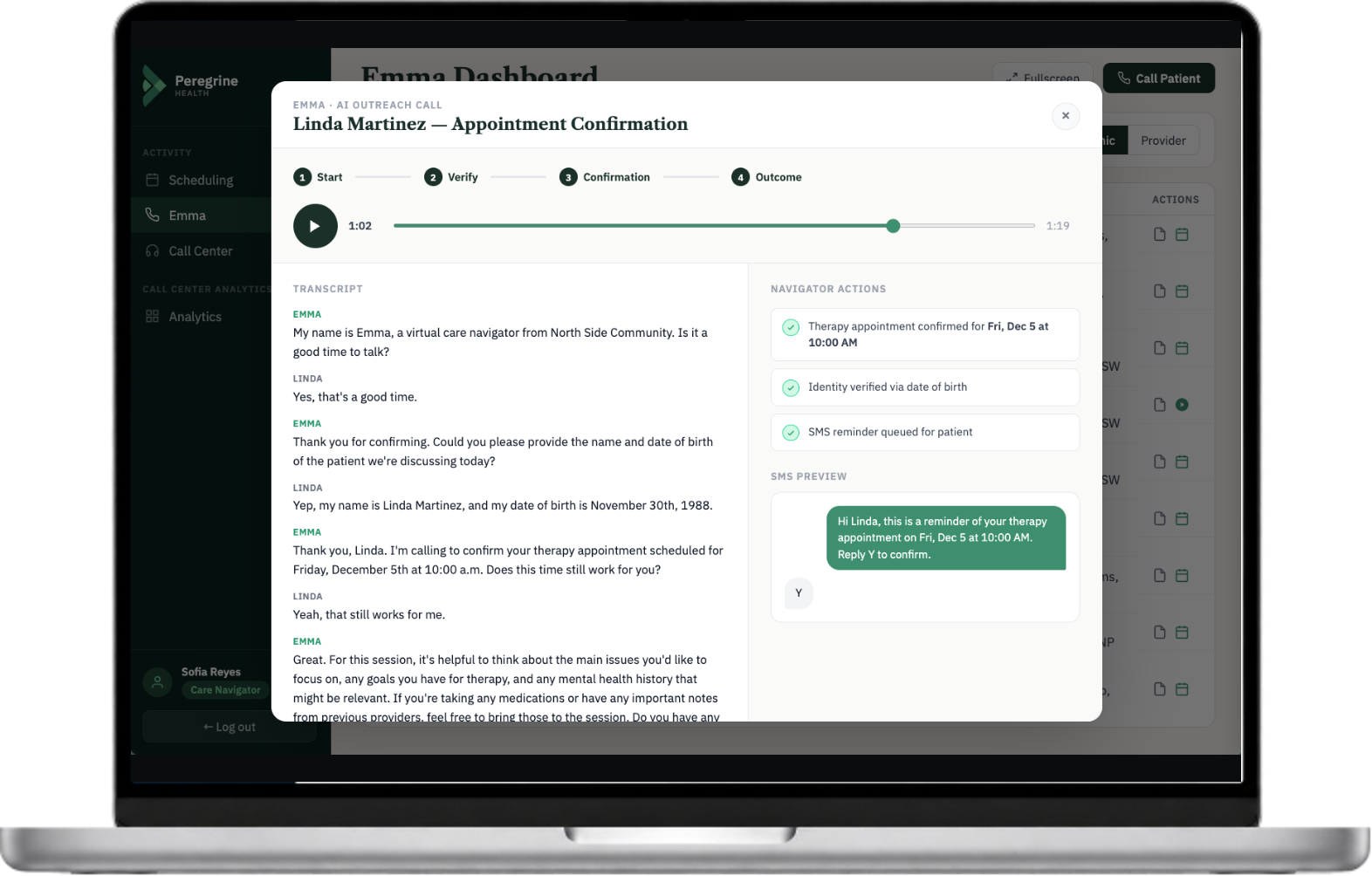Emma, the AI care navigator, running an appointment confirmation call