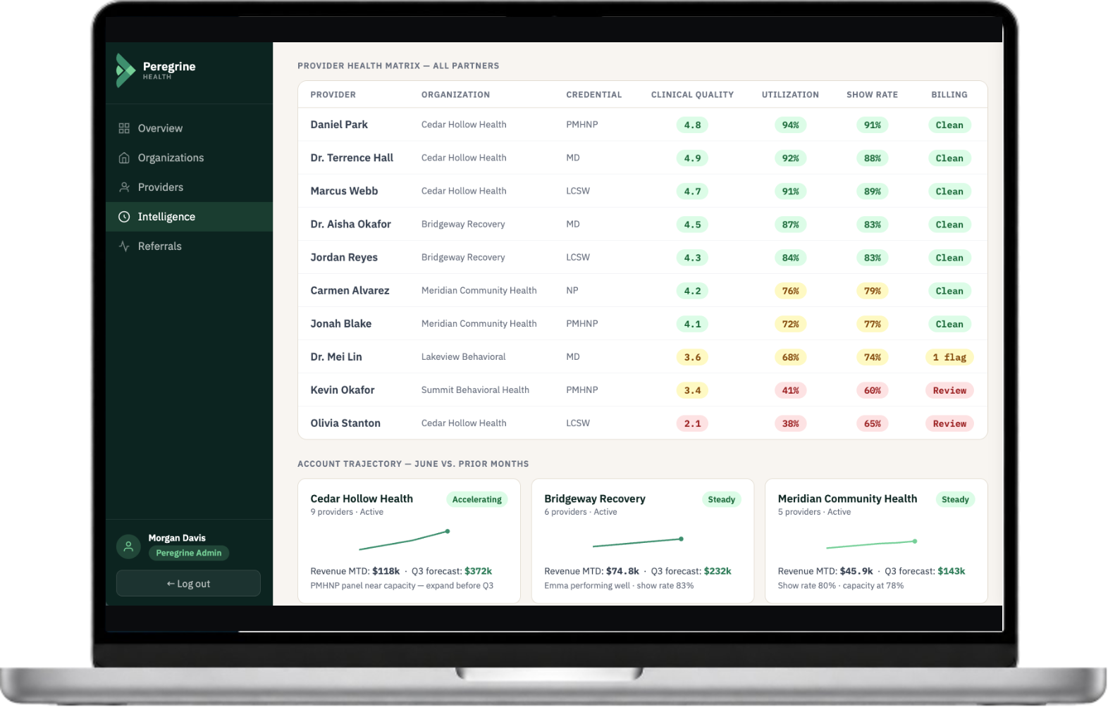 Provider health matrix showing utilization across partner organizations